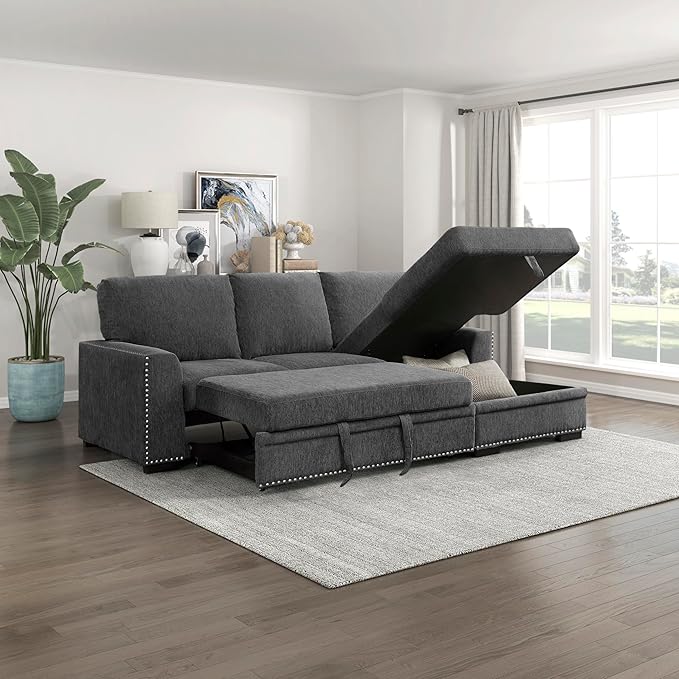 Lexicon Mid Century Modern Sectional Sleeper Sofa Bed Couch with Storage Chaise, Sectional Sofa Pull Out Couch Bed, Sectional Couch Lounge Sofa for Living Room Apartment, Right Side Chaise, Charcoal