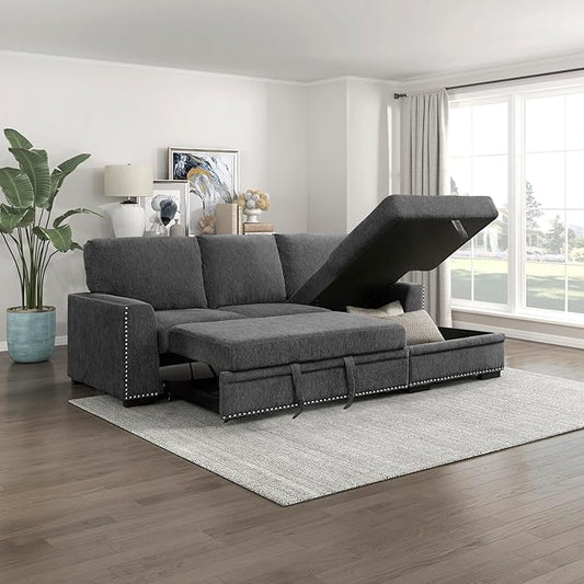 Lexicon Mid Century Modern Sectional Sleeper Sofa Bed Couch with Storage Chaise, Sectional Sofa Pull Out Couch Bed, Sectional Couch Lounge Sofa for Living Room Apartment, Right Side Chaise, Charcoal