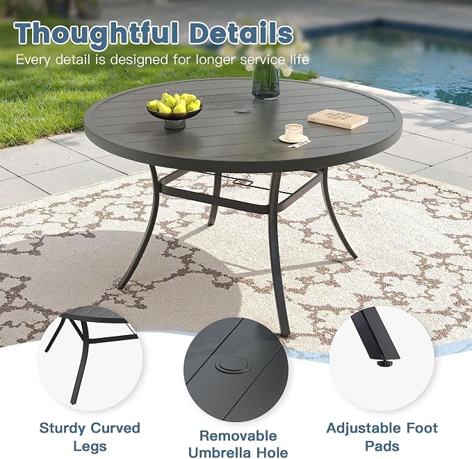 DIFY Patio Dining Set for 6, 7 Piece Outdoor Table and Chairs Set, 50" Black Round Metal Patio Dining Table and 6 Brown Textilene Stackable Patio Chairs, for Backyard Garden Poolside - Image 2
