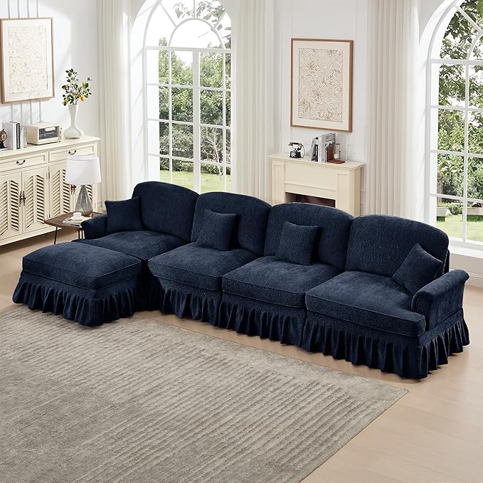 KEIKI Mid Century Modular Sofa with Flared Arms and Skirted Design, 137“ Oversized 4-Seater with Ottoman Luxury Chenille L-Shaped Sectional Couches for Living Room, Chaise Lounge Indoor, Blue