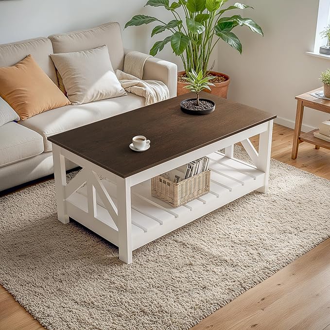 YESHOMY Farmhouse Coffee Table, Coffee Tables for Living Room, Farmhouse Square Coffee Table with Storage, Couch Table, Small Tables for Small Spaces, Brown and White