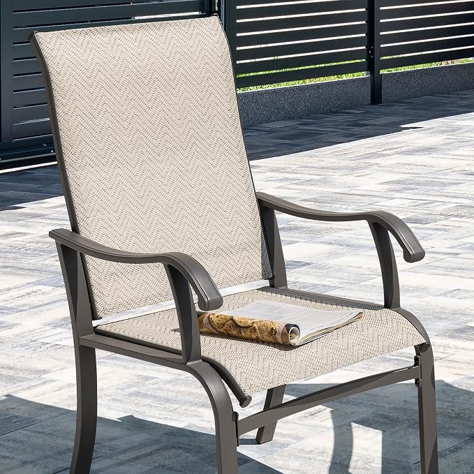 NUU GARDEN Patio Dining Chairs Set of 2, Outdoor Dining Chair with Powder-Coated Frame, All Weather Metal Dining Chairs with Textilene High Back and Wider Seat for Backyard, Deck, Balcony, Beige - Image 5