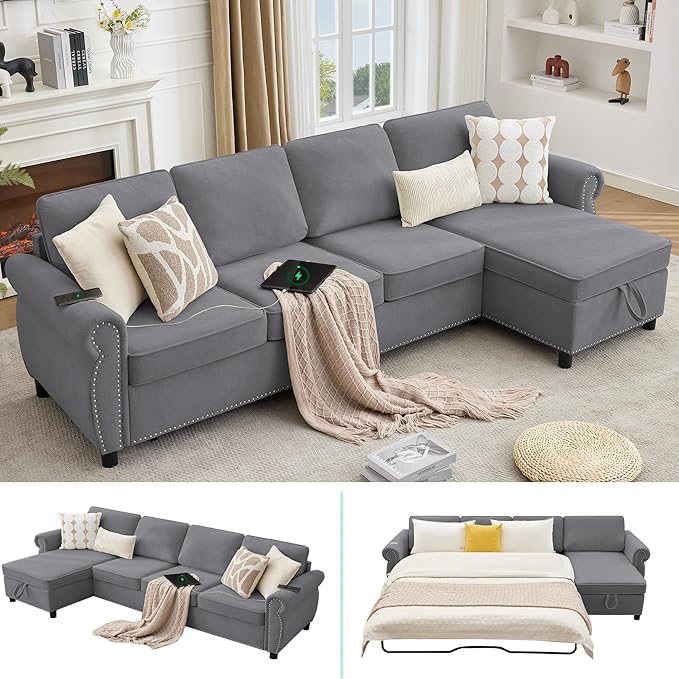 ERYE L-Shaped Reversible Sectional Sofa with Pull Out Queen Memory Mattress Sleeper Bed, 2-in-1 L-Shaped Corner Sectional Couches W/Wireless Charging, Storage Chaise Lounge