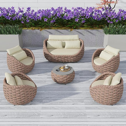 TWT Aluminum Outdoor Patio Furniture Set with Coffee Table, 6 Piece Patio Conversation Sets with Washable Cushions Covers, Patio Sectional Furniture Set for Porch, Balcony, Deck, Yard, Light Brown