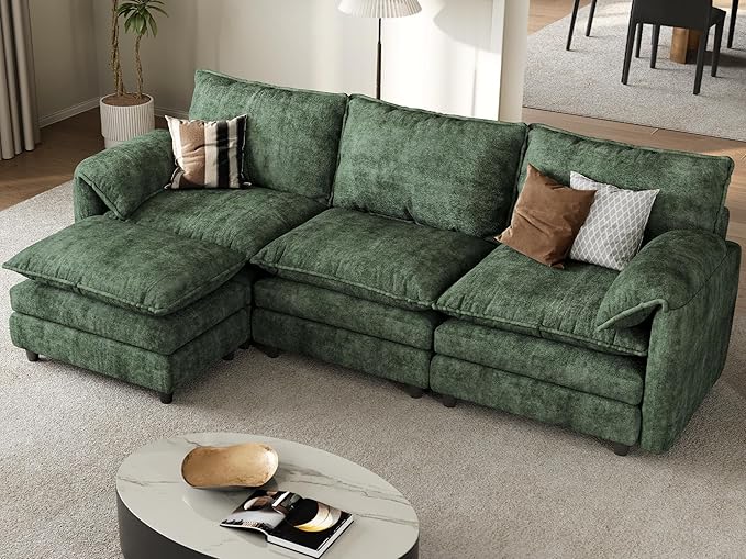 DWVO 108" Modular Sectional Sofa, Modern L Shaped Couch with Movable Ottoman, Pillow-Armrest, Velvet 4 Deep Seat Cloud Couch for Living Room, Green