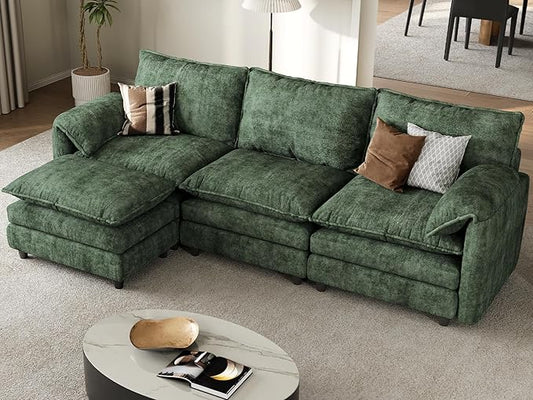 DWVO 108" Modular Sectional Sofa, Modern L Shaped Couch with Movable Ottoman, Pillow-Armrest, Velvet 4 Deep Seat Cloud Couch for Living Room, Green