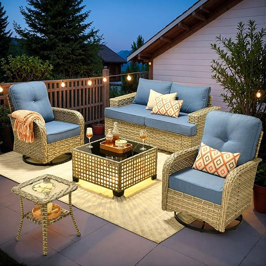 ovios 6 Piece Patio Sectional Furniture with Swivel Rocking Chairs, Rattan Wicker Coversation Set with Glowing Coffee Table, Outdoor Sofa Set for Outside Porch Balcony Backyard Pool, Blue