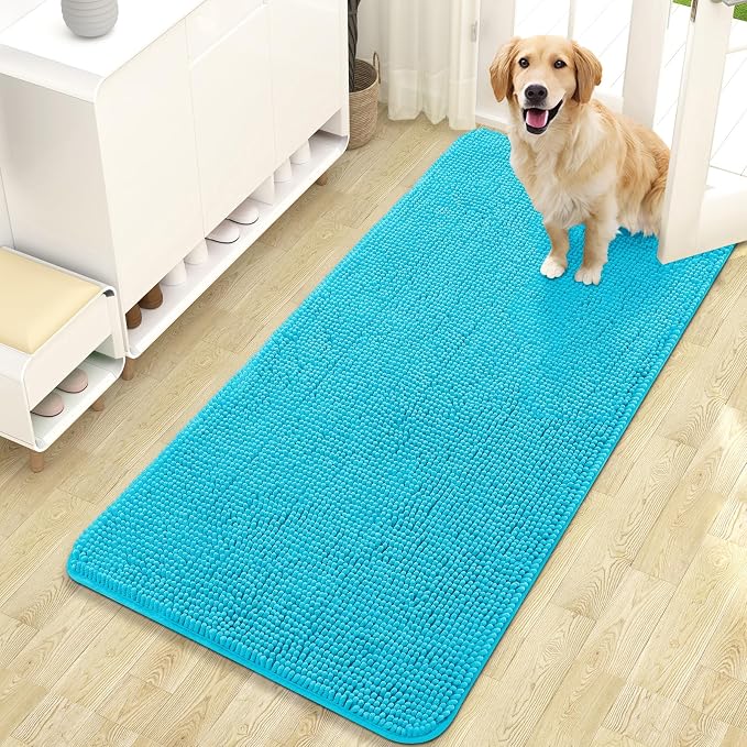 OLANLY Dog Door Mat for Muddy Paws 47x24, Absorbs Moisture and Dirt, Absorbent Non-Slip Washable Doormat, Quick Dry Chenille Mud Mat for Dogs, Entry Indoor Entryway Carpet for Inside Floor, Aqua Blue by OLANLY
