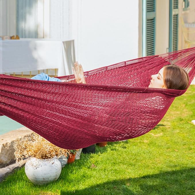 PNAEUT Handwoven Mayan Hammock, Thick Soft Rope Double Hammock for Outdoor Outside & Indoor, 600 lbs Capacity Heavy-Duty, Includes Tree Straps, Carabiners & Carrying Bag (Burgundy Fiesta Red, X-Large) - Image 6