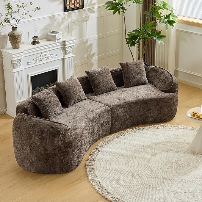 109-Inch Curved Boneless Sofa Couches Compressed 4-Seat Foam Couch for Living Room Bedroom, Boneless Modular Cloud Sofa Curved Floor Couch with 4 Pillows, No Assembly