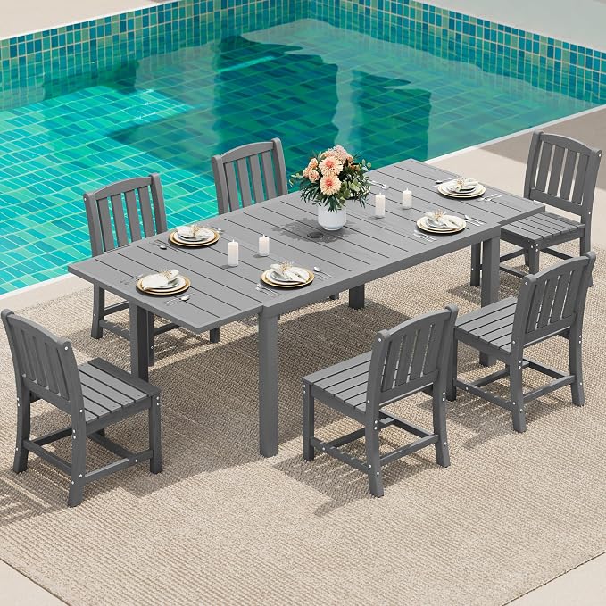 SERWALL 7-Piece Outdoor Dining Set, 60" - 83" Expandable Outdoor Dining Table and 6 HDPE Chairs, All Weather HDPE Outdoor Furniture Set for Backyard, Garden, Grey by SERWALL