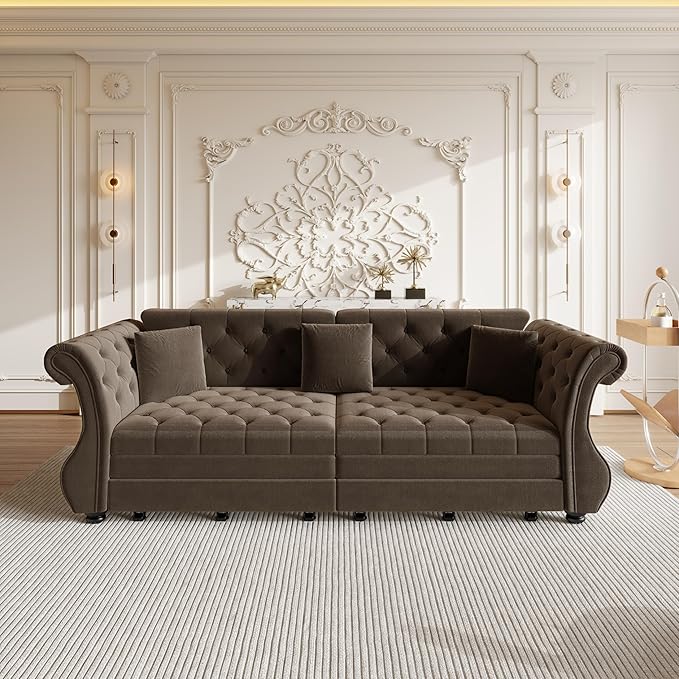 Eafurn Oversized 4-Seater Chesterfield Loveseat Convertible King Size Sleeper Couch Bed,Classic Tufted Velvet Pull Out Loveseat Sofa Bed with Roll Armrest and Solid Wood Legs