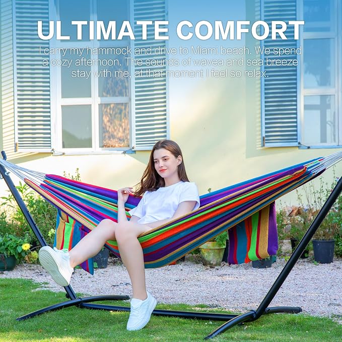PNAEUT Double Hammocks with Stand for Outside, Portable Space Saving Heavy-Duty Steel Stand for Indoor Outdoor Patio, 450 lbs Capacity (Tropical) - Image 2