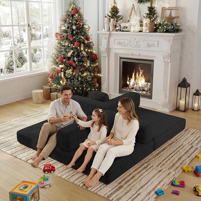 4 in 1 Futon Sofa Bed Queen Size - Foldable Convertible Sleeper Couch,Teddy Foam-Filled Compressed Couch Removable Corduroy Cover, Space Saving Sofas for Bedroom & Dorm (Black, 59” 2 Seat)