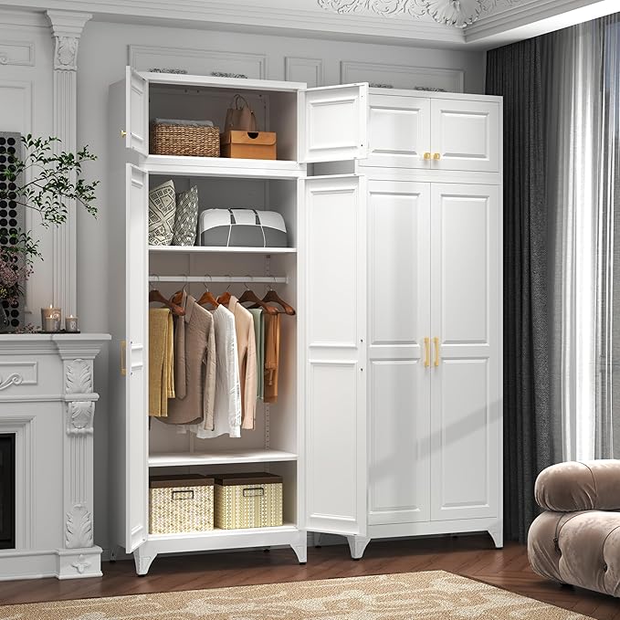 Metal Armoire Wardrobe Closet with Doors, 86" Tall Wardrobe Cabinet, White Clothing Storage Cabinets with Adjustable Shelves for Bedroom, Home Office