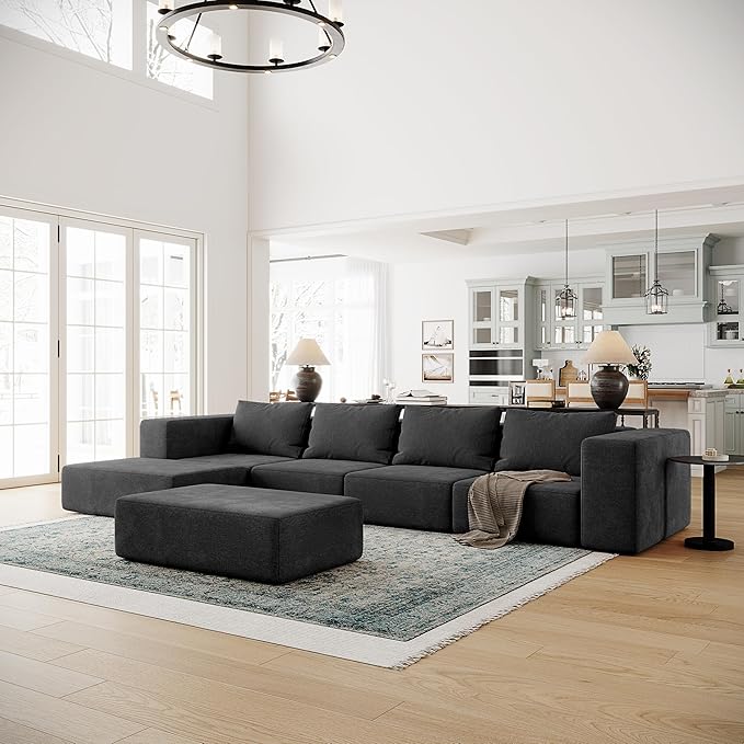 Acanva Oversized Modular Sectional Sofa with Removable Washable Slipcovers, Modern Low Profile Deep Seat Couch for Living Room, Chenille-Black, 4 Armless Chairs & 4 Armrests/Ottomans