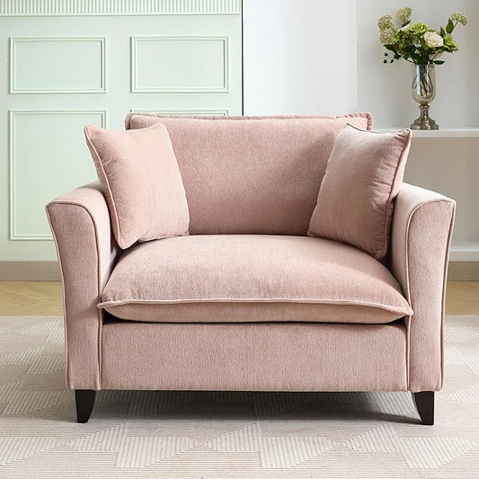 46.3 Inch Oversized Armchair Chenille Fabric Chair and a Half Single Sofa with Pillow Removable Washable Covers Rubberwood Legs Ruffled Armrests for Living Room Bedroom Office Apartment, Pink