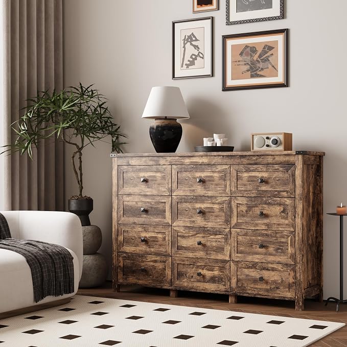 Dresser for Bedroom with 12 Drawers, Farmhouse Wood Chest of Drawers, Wide TV Stand Closet Storage Furniture with Metal Handle, Modern Clothes Organizer for Hallway, Living Room, Entryway, Brown - Image 2