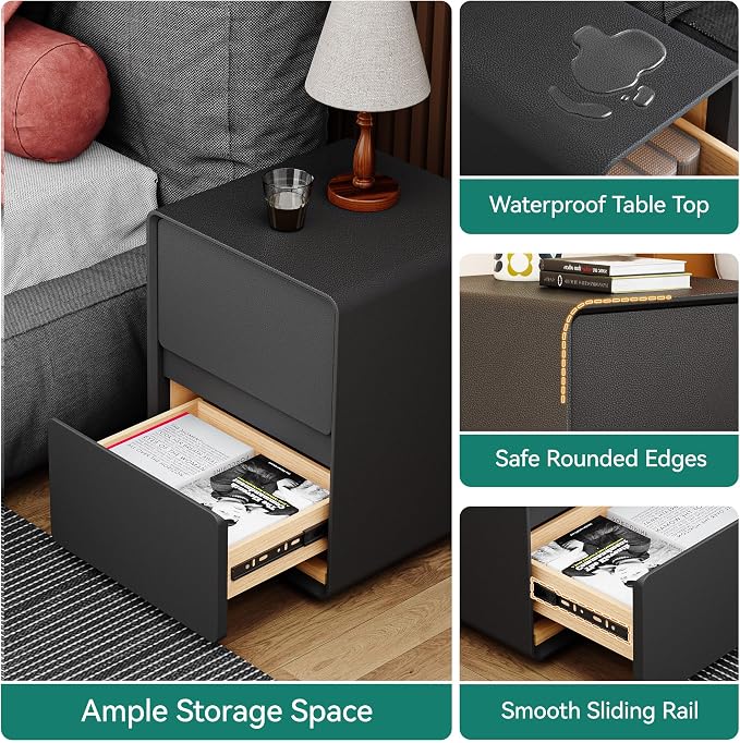 15.8" W Faux Leather Narrow Nightstand, Modern Fully-Assembled Bedside Table with 2 Drawers, Wood Night Stand Small Accent End Table & Side Table for Bedroom, Black - Image 5