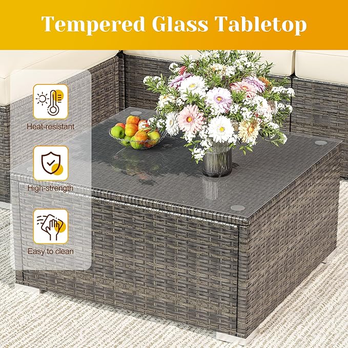 SUNVIVI OUTDOOR Outdoor Patio Furniture Set, 5 Piece Patio Conversation Set, Waterproof Wicker Patio Furniture Set, All Weather Combination Patio Conversation Sets with Cushions and Glass Table, Beige
