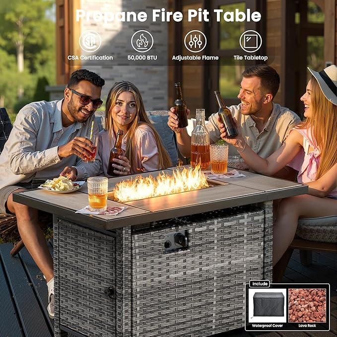 ovios 6 Pieces Patio Furniture Set with 42" Fire Pit Table, Outdoor Wicker Sofa with Comfy Cushions, All Weather High Back Rattan Couch Conversation Set, Dark Grey