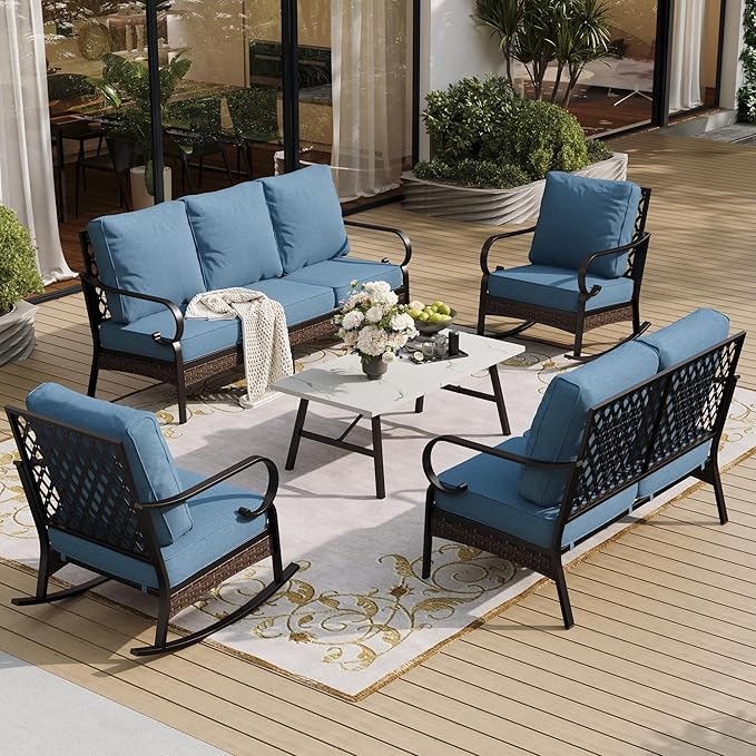 5 Piece Metal Outdoor Patio Furniture Set, Patio Conversation Set with 3-Seater Sofa, Loveseat, 2 Rocking Sofa (5.75" Thick Cushion) & Coffee Table Black Backyard Furniture, Denim Blue