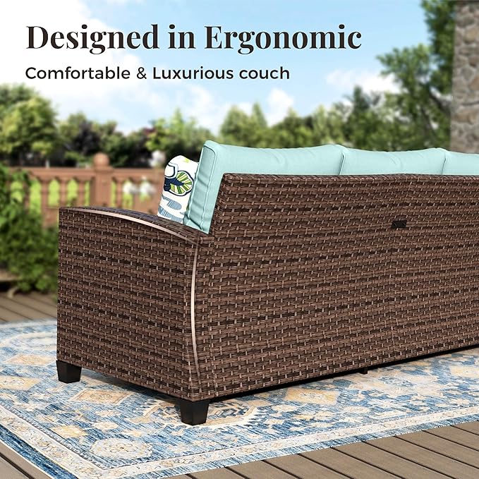 Swivel Glide Patio Furniture Set, 6 Pcs Wicker Outdoor Conversation Set, 2 x Swivel Chairs, 1 x 3 Seater Sofa and 2 x Ottoman with 4" Thick Cushion and 56" Fire Pit Table, Blue
