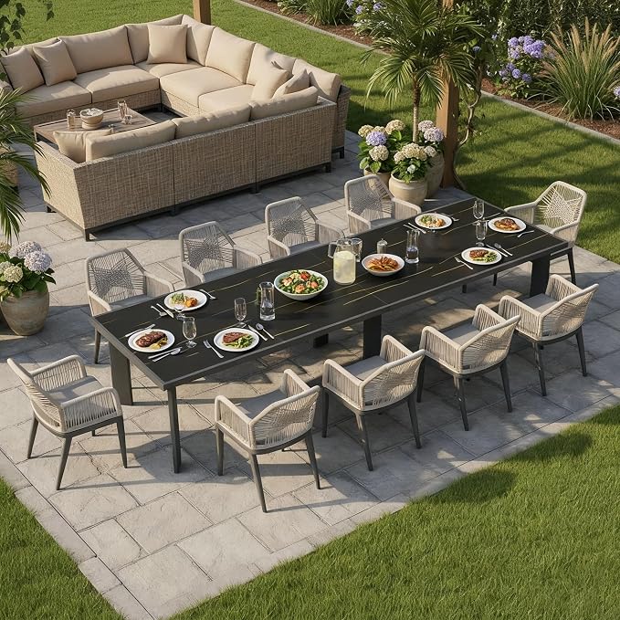 PURPLE LEAF 11 Pieces Patio Dining Set Aluminum Modern Oversize Rectangular Table and Rattan Arm Chairs with Cushions for Kitchen Porch Garden Outdoor Furniture Sets, Dark Grey by PURPLELEAF