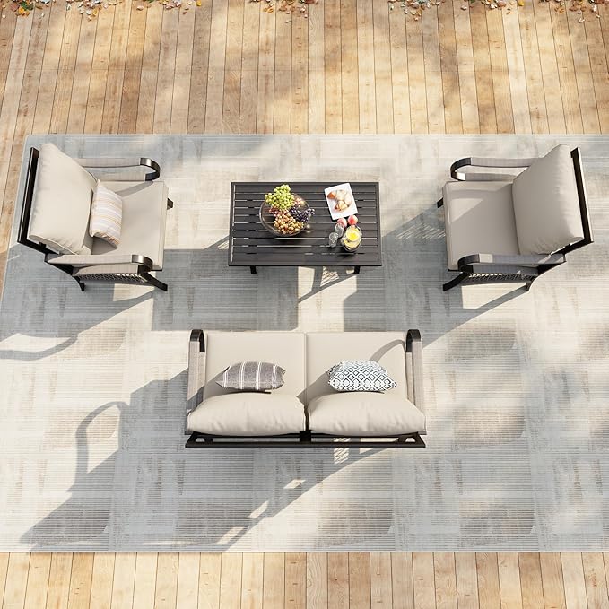 4 Pieces Patio Conversation Sets, Outdoor Furniture with Metal Waterproof 2 Single Chairs with 5" Extra Thick Cushion 1 Loveseat Sofa with Coffee Table, Beige