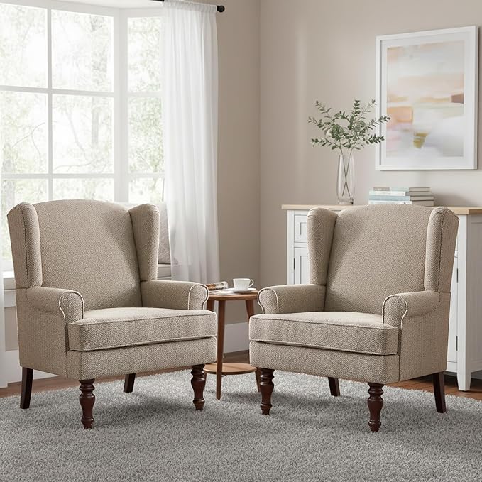 HUIMO Printed Wingback Accent Chair, Linen Upholstered High Back Armchair, Comfy Reading Chair for Living Room Bedroom Study, 300lbs Weight Capacity (2, Brown with Lines)