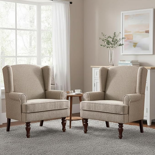 HUIMO Printed Wingback Accent Chair, Linen Upholstered High Back Armchair, Comfy Reading Chair for Living Room Bedroom Study, 300lbs Weight Capacity (2, Brown with Lines)