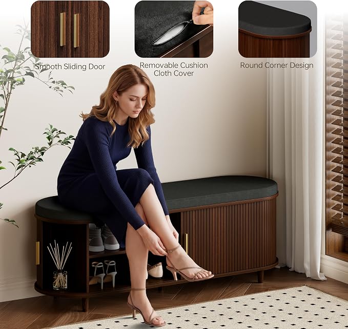 DHH 2-Tier Storage Bench,Wide Shoe Bench with Thickened Padded Seat Cushion, Mid Century Modern Fluted Sliding Door and Adjustable Shelf, for Entryway, Living Room, Bedroom (Walnut, 51.2”) - Image 6