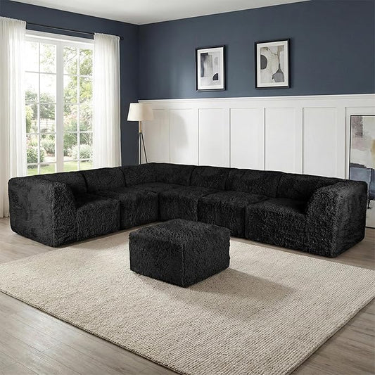Furniture of America Havyn Modern Faux Fur 7-Seater L-Shaped Modular Foam Sectional Sofa with Ottoman, Compressed Couch in a Box, No Assembly Required, for Living Room and Office, Black