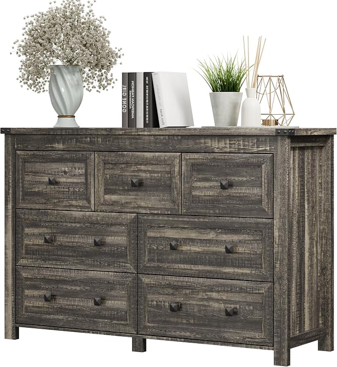 Dresser for Bedroom with 7 Drawers, Farmhouse Wooden Chest of Drawers, Wide Dresser TV Stand Closet Storage with Metal Handle, Modern Clothes Organizer for Hallway, Living Room, Entryway, Dark Brown by Xixini