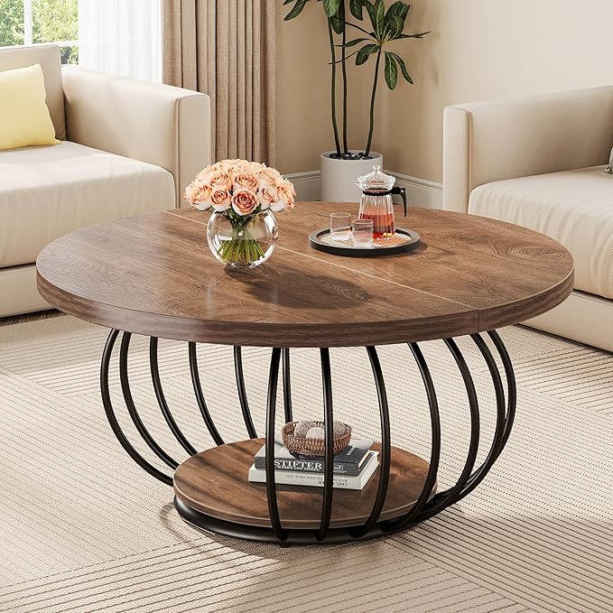 Tribesigns Round Coffee Table for Living Room, 39.4" Industrial Wooden 2-Tier Circle Accent Center Cocktail Table with Storage Shelf and Metal Frame, Rustic Brown & Black