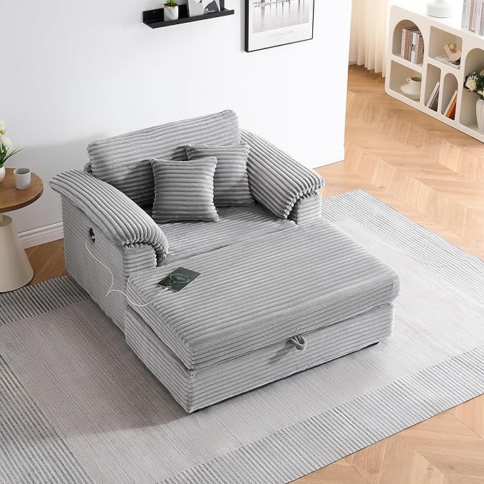KEIKI 47.24 inch Corduroy Sofa, Corduroy Armchair with Storage Feet, 2 Throw Pillows, Sleeper Couch for Living Room, Apartment, Salon, Home Theater, Gray