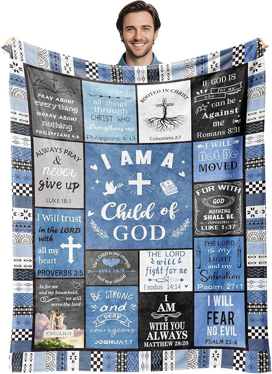 Christian Gifts for Men, Birthday Gift for Men, I Am a Child of God Blanket, Inspirational Gifts for Christian Mens Brother, Son, Dad, Grandpa, Baptism Gifts for Boys Throw Blankets 60''x50'' Blue
