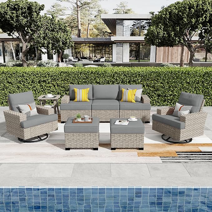 ovios 8 Piece Patio Sectional Furniture with Swivel Rocking Chairs, Rattan Wicker Coversation Set with Glowing Coffee Table, Outdoor Sofa Set for Outside Porch Balcony Backyard Pool,Dark Grey