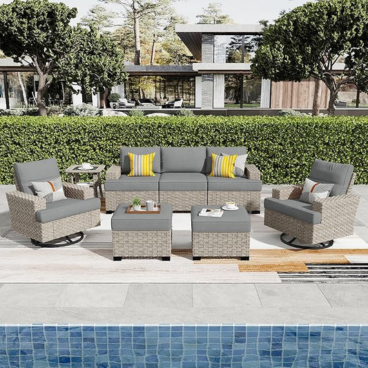 ovios 8 Piece Patio Sectional Furniture with Swivel Rocking Chairs, Rattan Wicker Coversation Set with Glowing Coffee Table, Outdoor Sofa Set for Outside Porch Balcony Backyard Pool,Dark Grey