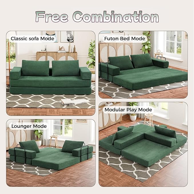 Convertible Sofa Bed, 4-in-1 DIY Combination Boneless Sleeper Sofa Bed with Pillows, Comfy Modular Couch with Fixed-Shape Frame, Corduroy Convertible Lounge Couch for Living Room, Green