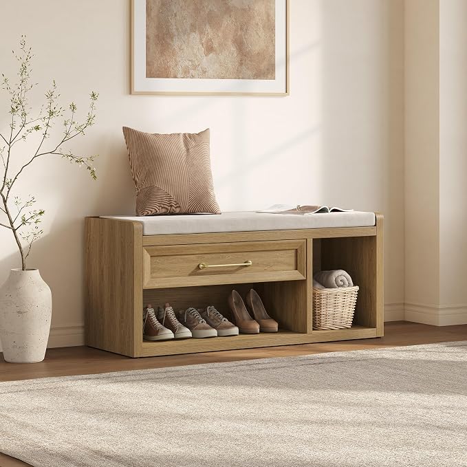 SICOTAS Shoe Bench with Storage, 40.6" Extra Wide Farmhouse Entryway Bench with Cushion, Drawer & Tall Boot Shelf, 18.9" Comfort Height Seat, Large Storage Bench for Bedroom Hallway Mudroom,Brown Oak - Image 3