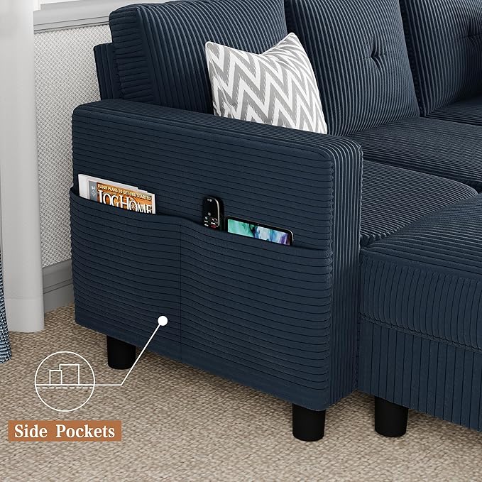 Shintenchi 76" Modern Upholstered Sectional Sofa, L-Shaped Couch with Storage Ottoman and Reversible Chaise for Living Room, Blue Corduroy Fabric