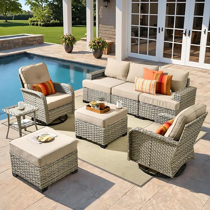 ovios 8 Piece Patio Sectional Furniture with Swivel Rocking Chairs, Rattan Wicker Coversation Set with Glowing Coffee Table, Outdoor Sofa Set for Outside Porch Balcony Backyard Pool, Beige
