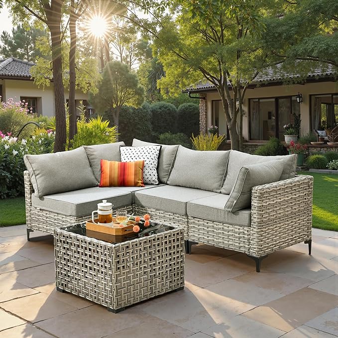 5 Piece Outdoor Patio Furniture with Glowing Coffee Table, Rattan Wicker Conversation Set with Sofa, Sectional Single Chairs for Outside Porch Balcony Backyard Pool,Grey