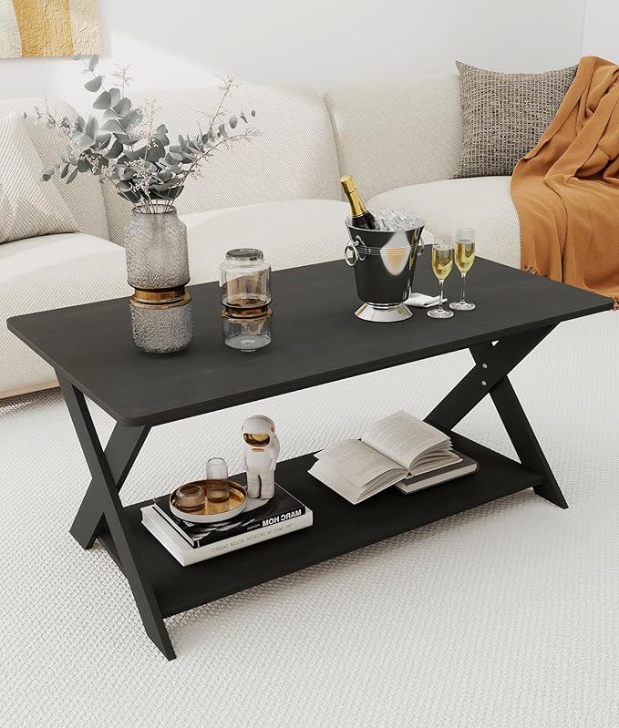 Modern Coffee Table with Storage Shelf, Simple Rectangular Tea Tables for Living Room Bedroom Home Office Black Oak