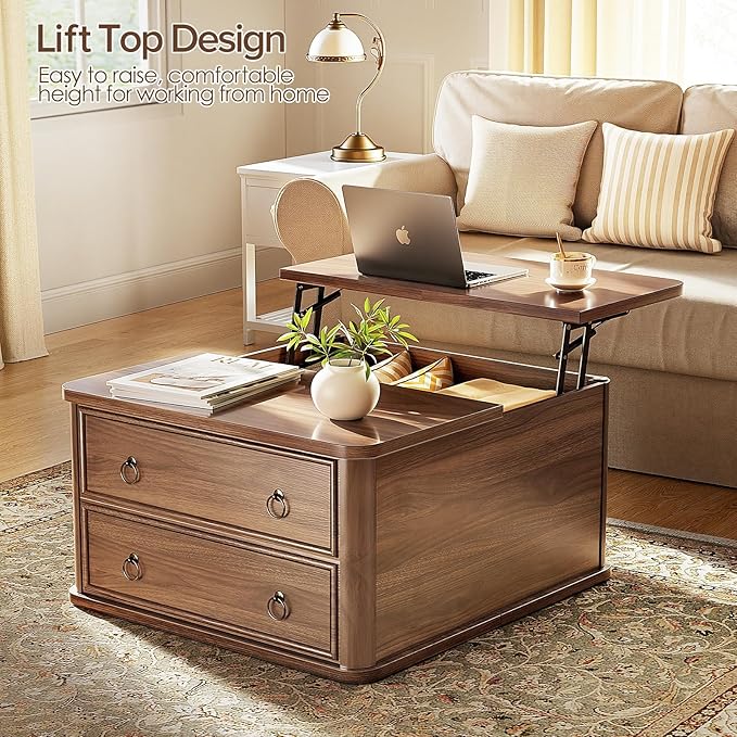 31.5" Lift Top Coffee Table with Storage,Square Coffee Tables with Lifting top for Living Room,Farmhouse Coffee Table with Large Drawers and 2 Hidden Compartment,Walnut