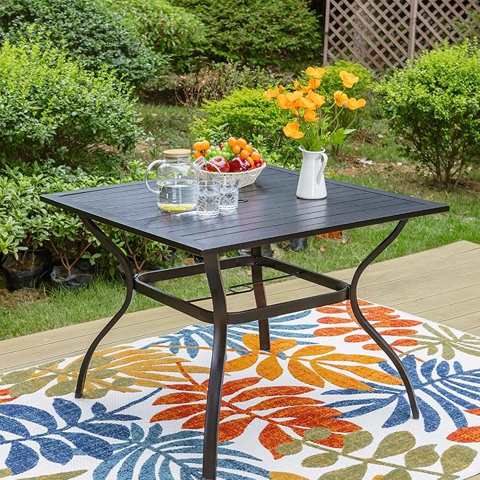 PHI VILLA 37" Patio Table for 4, Metal Outdoor Dining Table with E-Coating, Square Steel Slated Outdoor Table with 1.57" Umbrella Hole for Garden Backyard, Black - Image 2