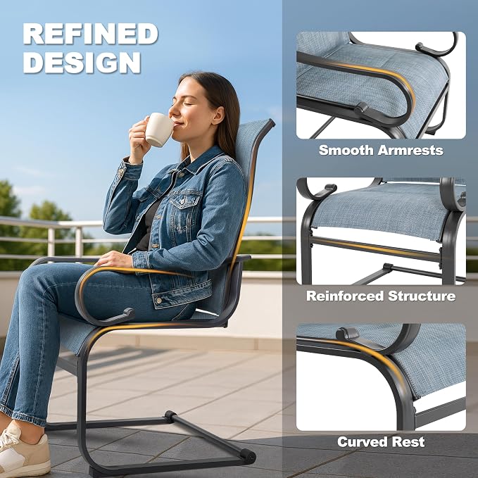 NUU GARDEN Set of 2 Padded Textilene Patio Dining Chairs C Spring Outdoor Chairs with Curved Armrests Powder Coated Metal Frame Patio Furniture for Garden Backyard Poolside Lawn Blue and Black - Image 9