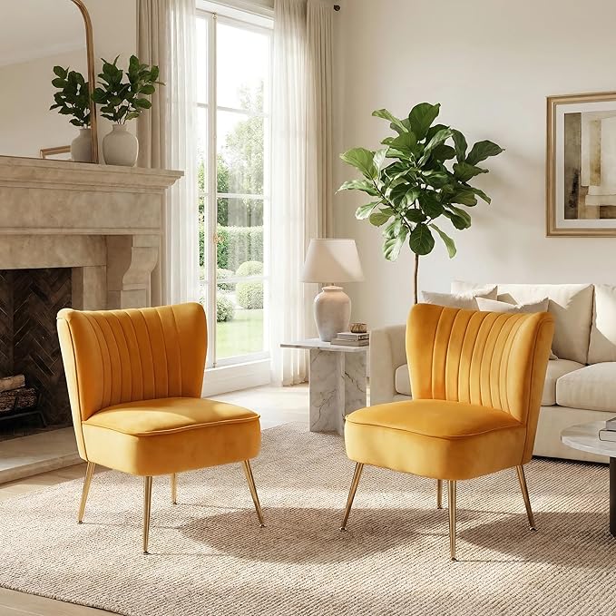 DUOMAY Modern Accent Chair Set of 2 Velvet Slipper Chair with Gold Legs Wingback Side Chair for Living Room Bedroom Entryway Small Corner Chair for Space Saving, Yellow