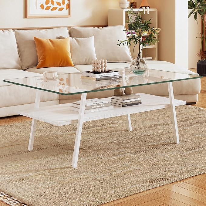 IANIYA Glass Coffee Table for Living Room Small Gold Mid Century Coffee Table for Living Room with Wood Shelves (White Frame, Transparent Glass + White Wood)
